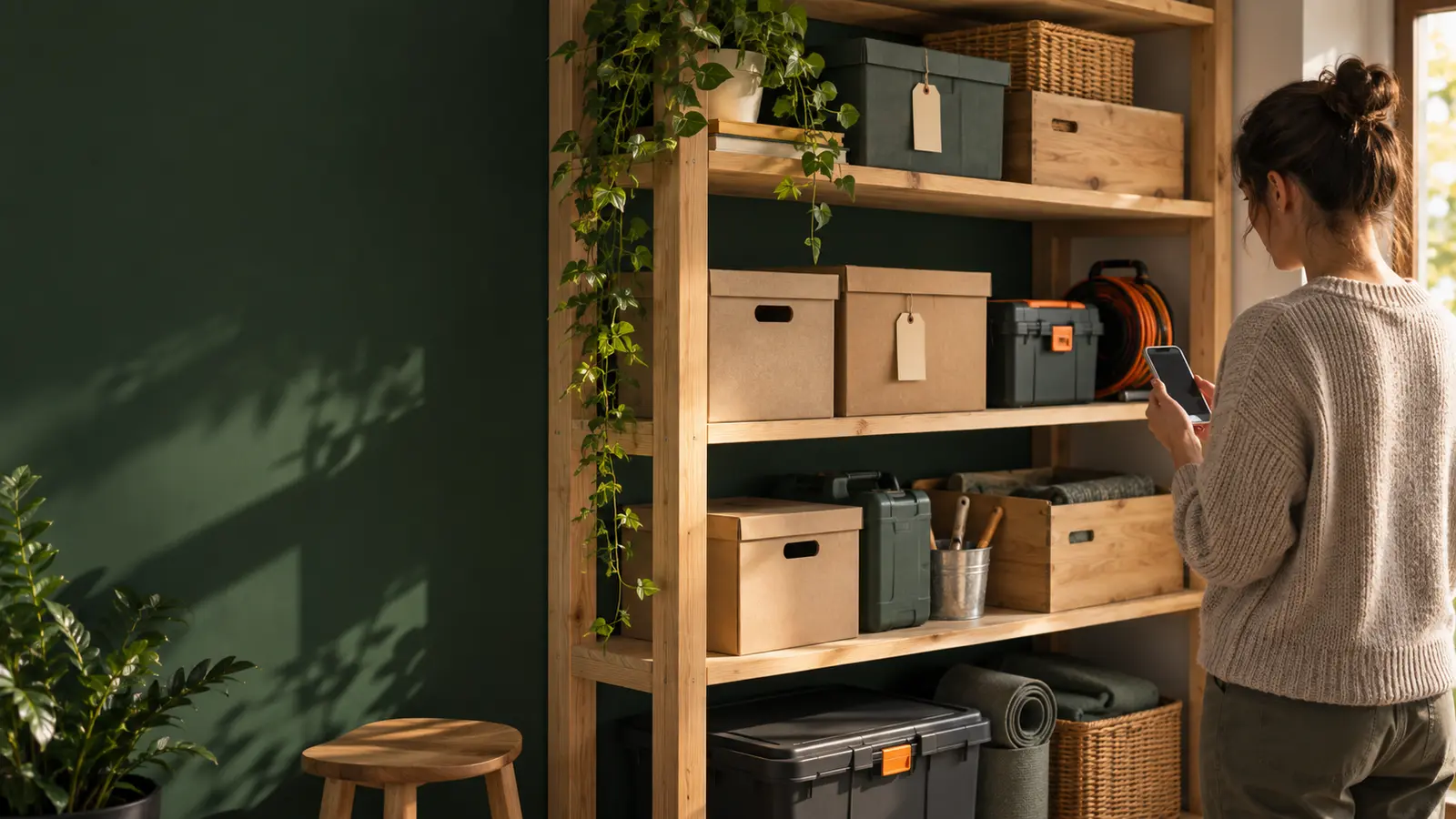 A person checks an item beside organised boxes for a digital home inventory