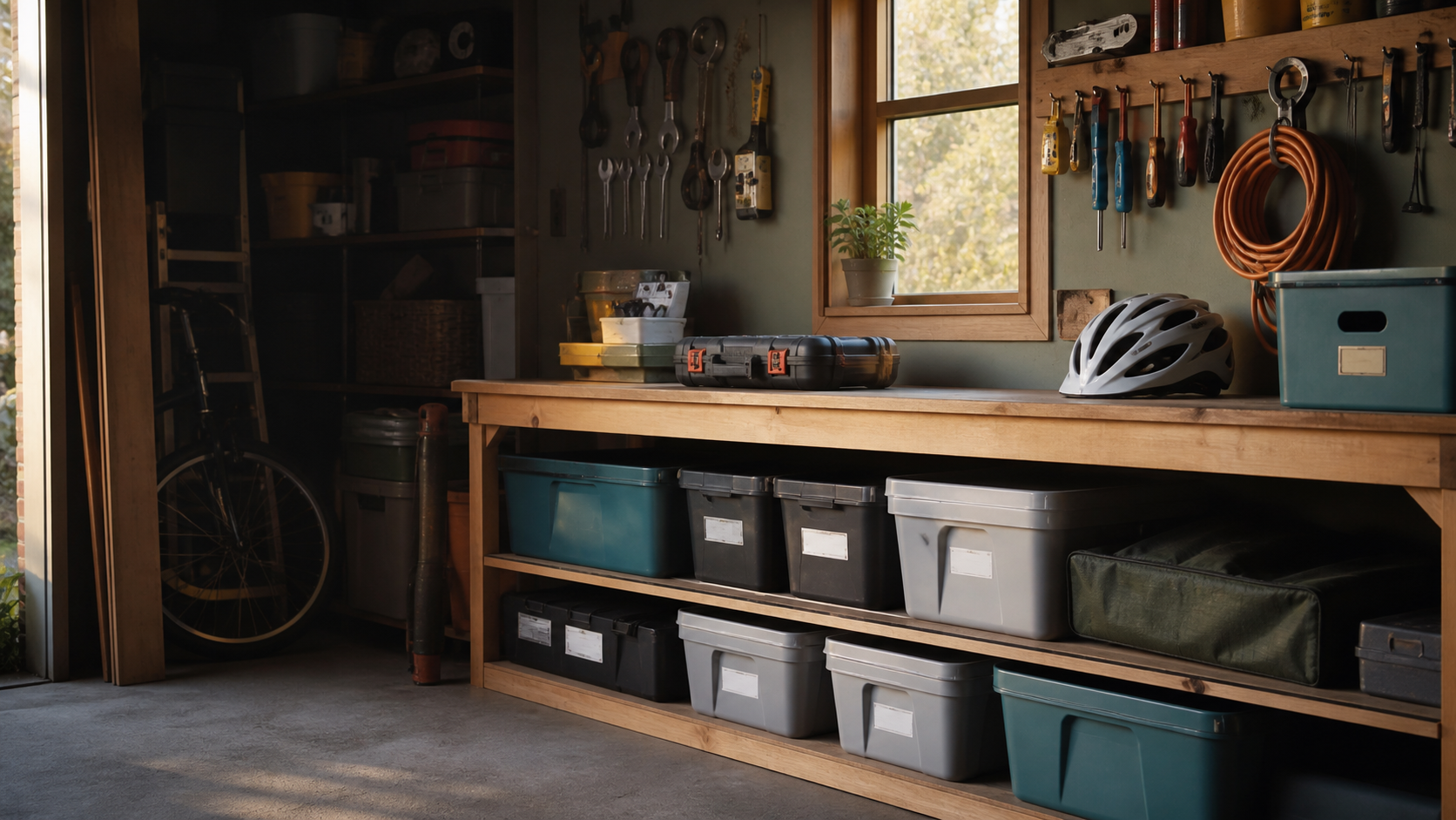 A tidy garage with shelves and storage boxes